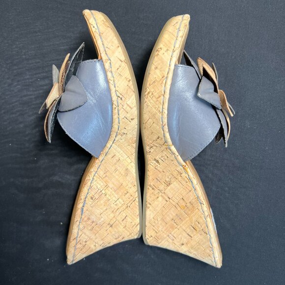 Born Women 9 M/W Leather Flower Wedge Sandals Slip Ons Cork Heel 3"  Beige Blue - Picture 7 of 14